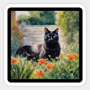 Black Cat In Garden Watercolour Cat Art Sticker